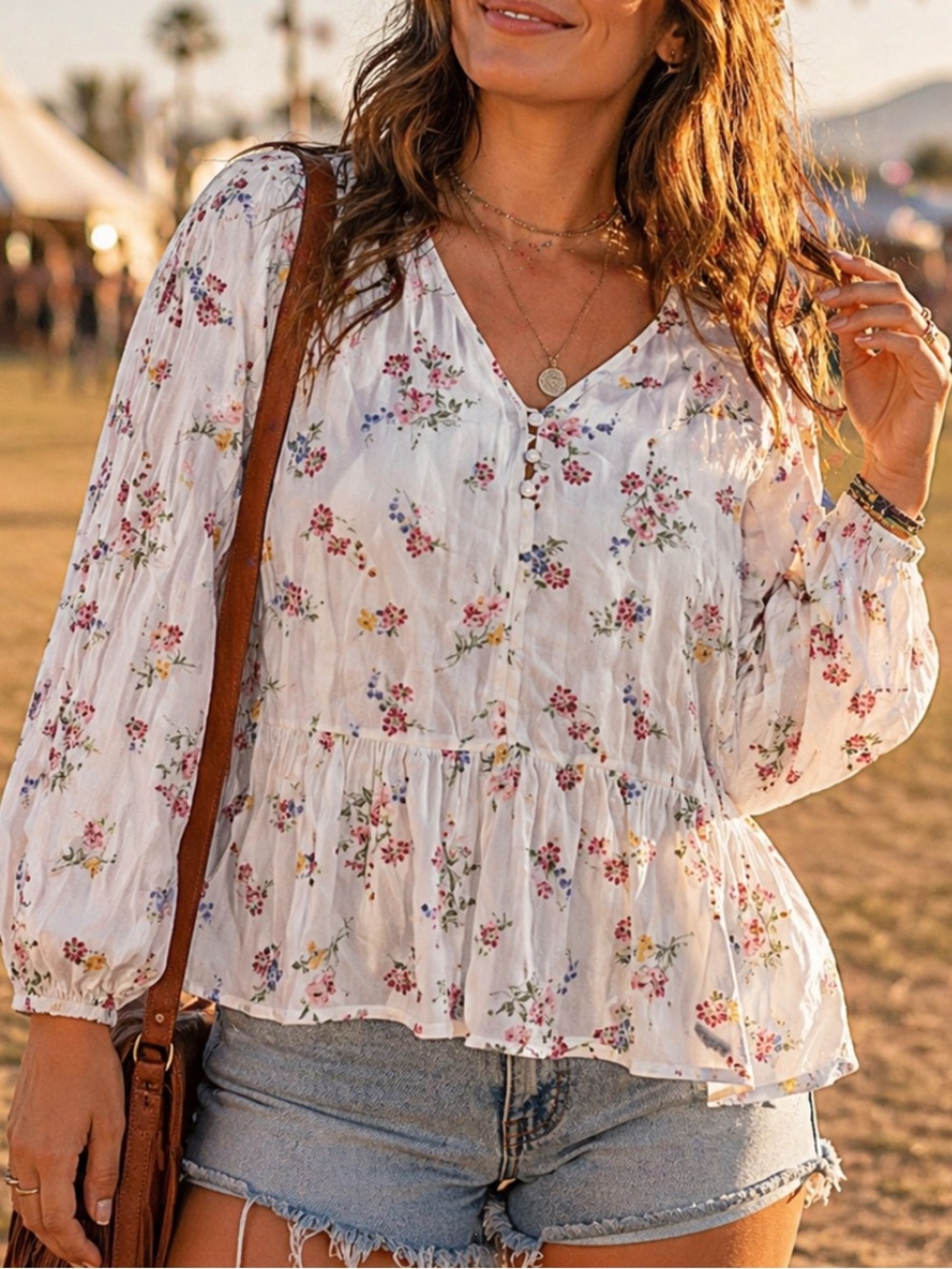 So Bohemian Floral Peplum Top Size L Ivory Cottagecore Festival Boho Blouse